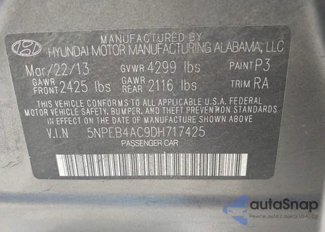 2013 Hyundai Sonata Gls из США, поврежденный, VIN 5NPEB4AC9DH717425